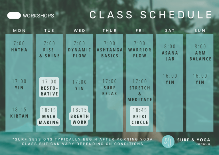 Schedule showing timings of surf and yoga sessions at a retreat in Bali